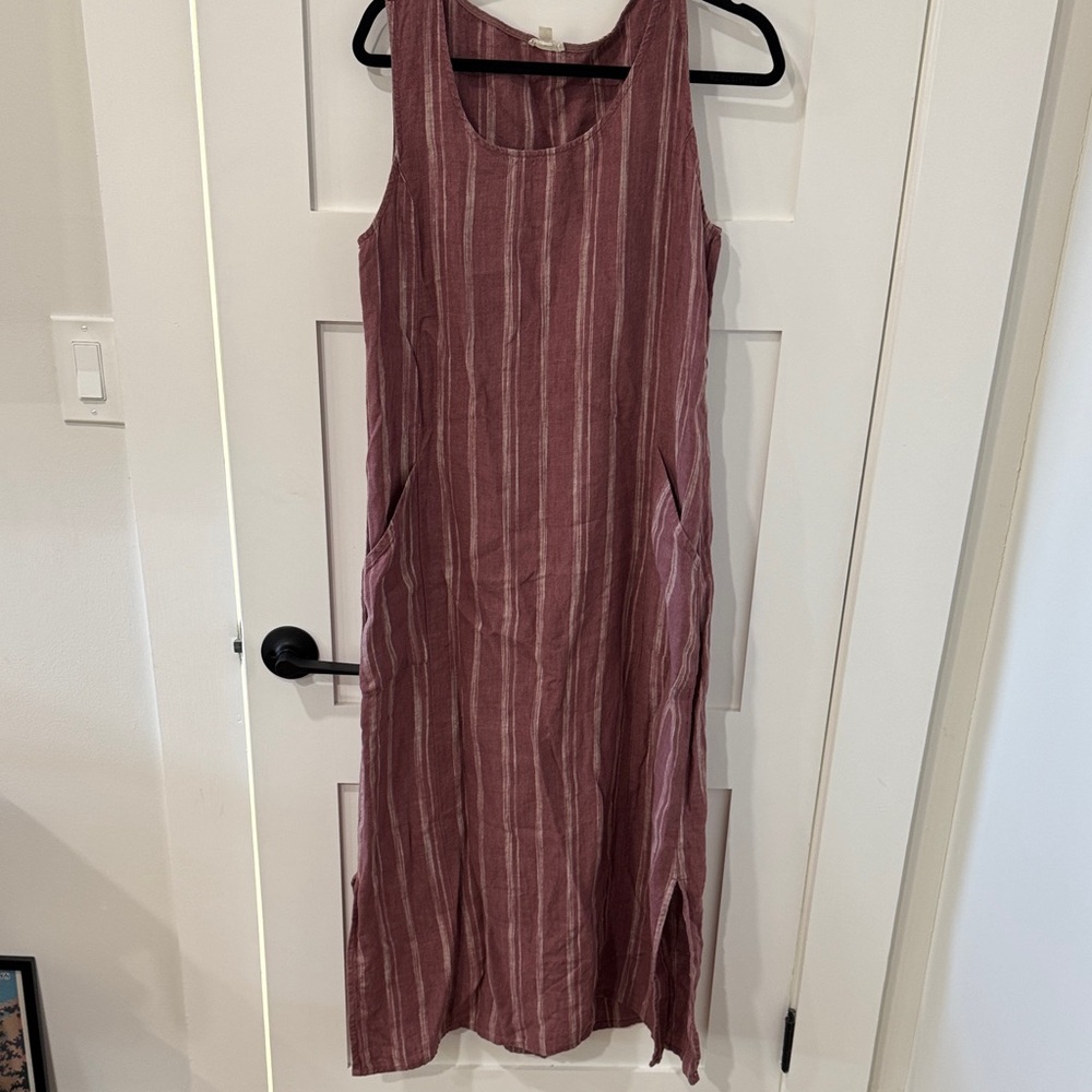 Garnet Hill Striped Sleeveless Linen Maxi Dress w Pockets in Mauve - 12